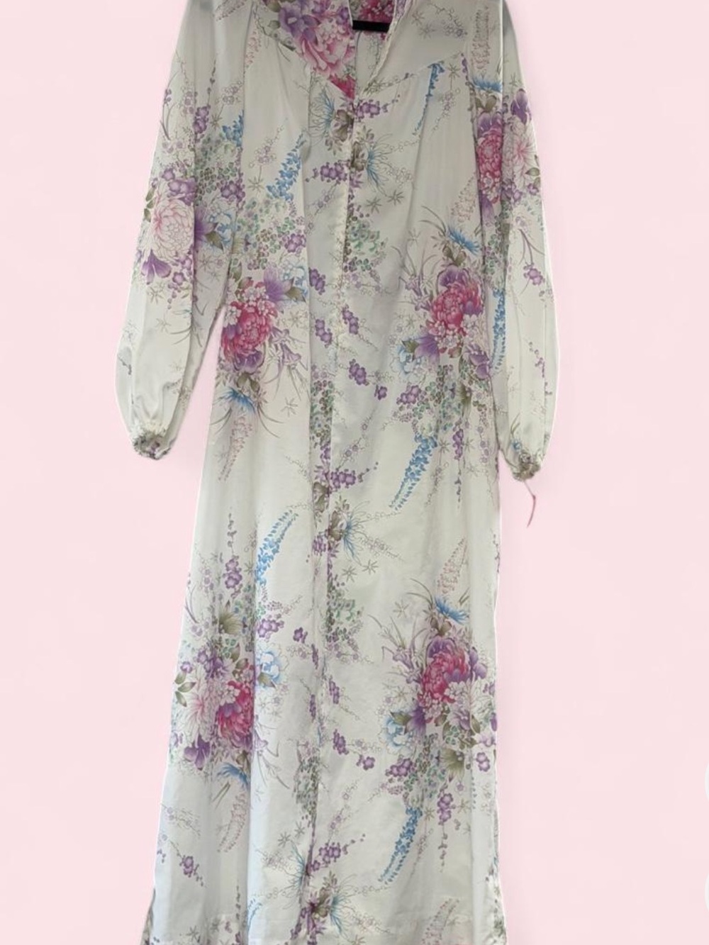 Dior White Floral Vintage front-zip Robe with Pink, Blue & Purple Floral Print.